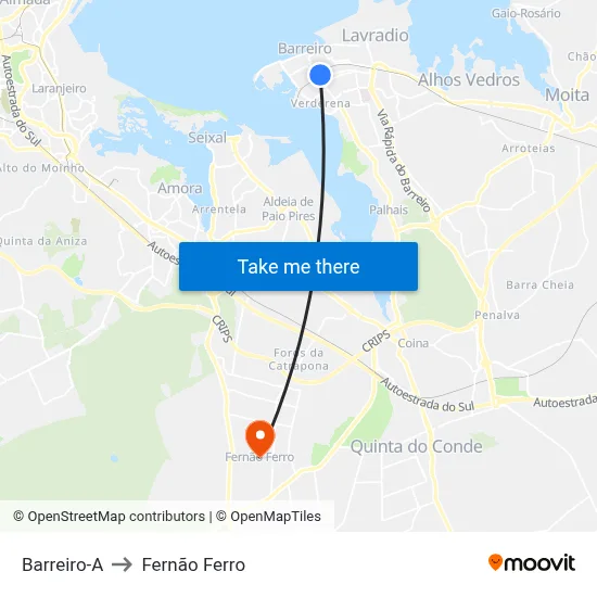 Barreiro-A to Fernão Ferro map