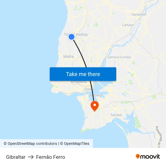 Gibraltar to Fernão Ferro map