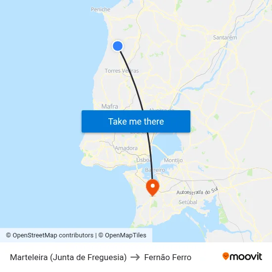 Marteleira (Junta de Freguesia) to Fernão Ferro map