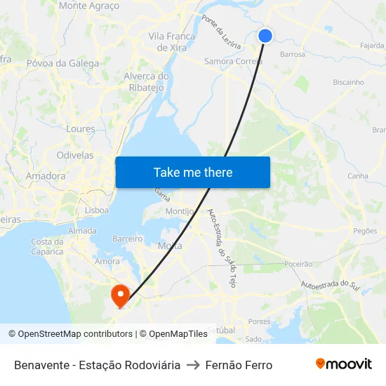 Benavente - Estação Rodoviária to Fernão Ferro map