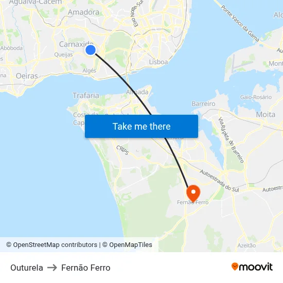 Outurela to Fernão Ferro map