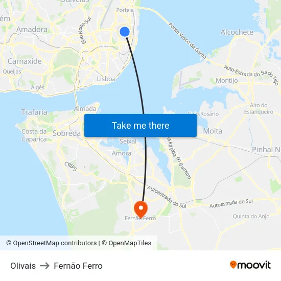 Olivais to Fernão Ferro map