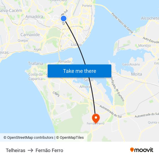 Telheiras to Fernão Ferro map