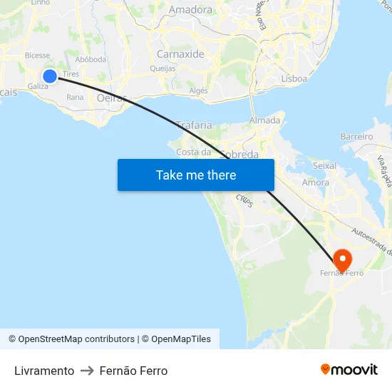 Livramento to Fernão Ferro map