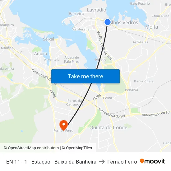 EN 11 - 1 - Estação - Baixa da Banheira to Fernão Ferro map