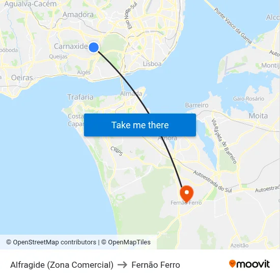 Alfragide (Zona Comercial) to Fernão Ferro map
