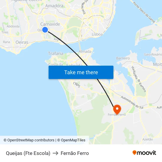 Queijas (Fte Escola) to Fernão Ferro map