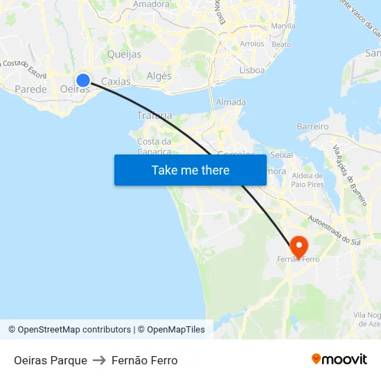 Oeiras Parque to Fernão Ferro map