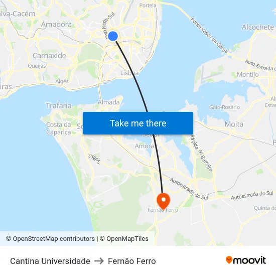 Cantina Universidade to Fernão Ferro map