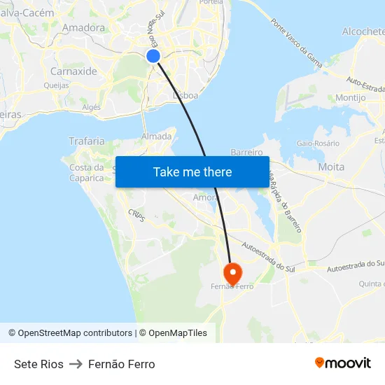 Sete Rios to Fernão Ferro map