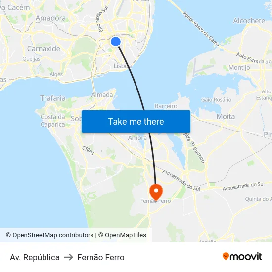 Av. República to Fernão Ferro map