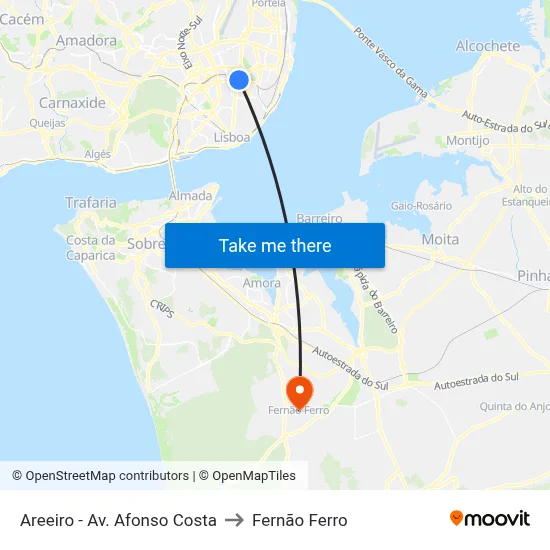 Areeiro - Av. Afonso Costa to Fernão Ferro map