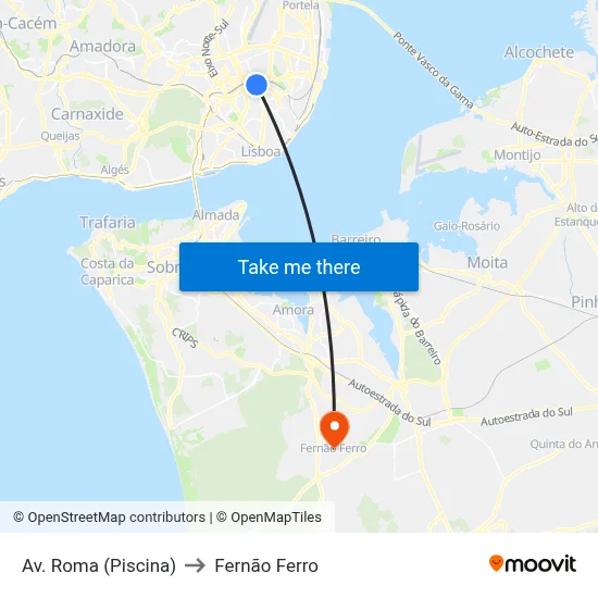 Av. Roma (Piscina) to Fernão Ferro map