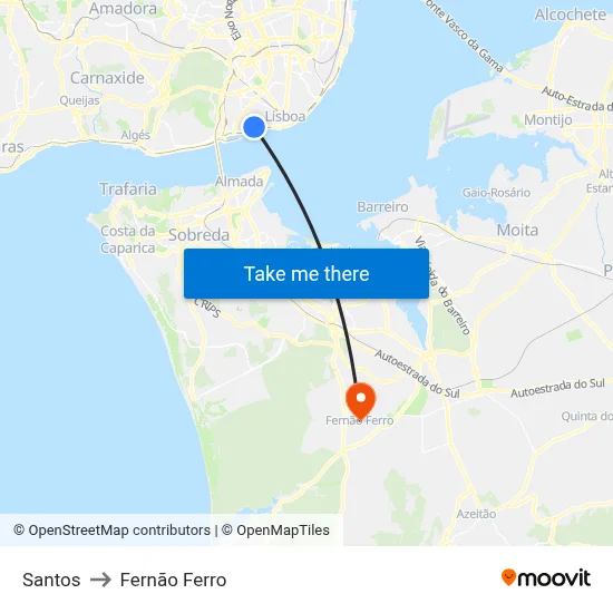 Santos to Fernão Ferro map