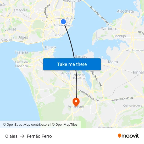 Olaias to Fernão Ferro map