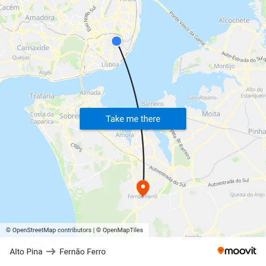 Alto Pina to Fernão Ferro map