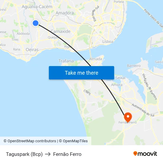 Taguspark (Bcp) to Fernão Ferro map
