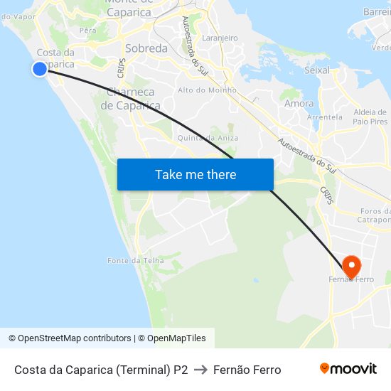 Costa da Caparica (Terminal) P2 to Fernão Ferro map