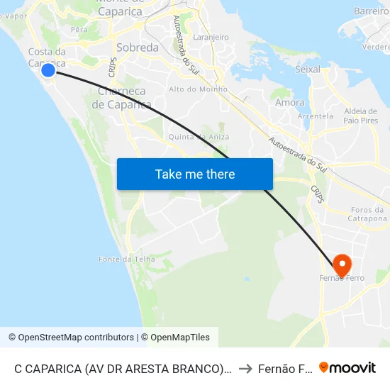 C CAPARICA (AV DR ARESTA BRANCO) MERCADO to Fernão Ferro map