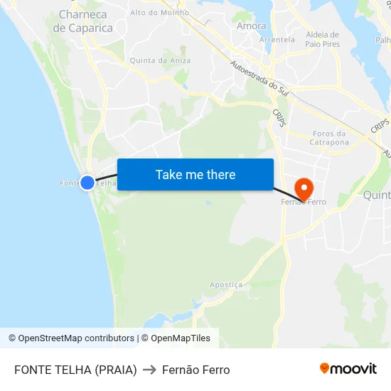 FONTE TELHA (PRAIA) to Fernão Ferro map