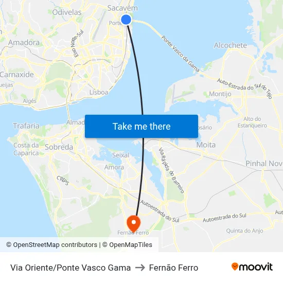 Via Oriente/Ponte Vasco Gama to Fernão Ferro map