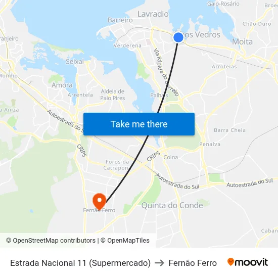 Estrada Nacional 11 (Supermercado) to Fernão Ferro map
