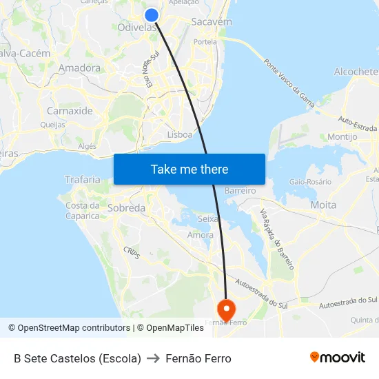 B Sete Castelos (Escola) to Fernão Ferro map