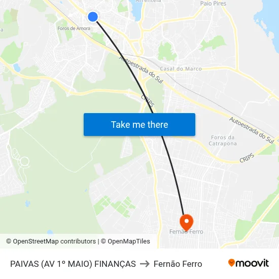 PAIVAS (AV 1º MAIO) FINANÇAS to Fernão Ferro map