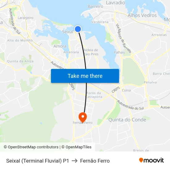 Seixal (Terminal Fluvial) P1 to Fernão Ferro map