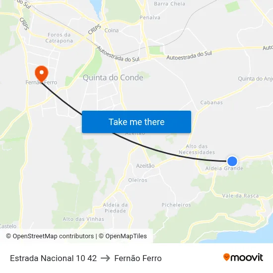 Estrada Nacional 10 42 to Fernão Ferro map