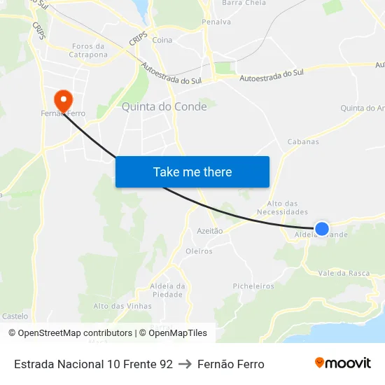Estrada Nacional 10 Frente 92 to Fernão Ferro map