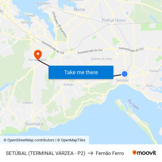 SETÚBAL (TERMINAL VÁRZEA - P2) to Fernão Ferro map