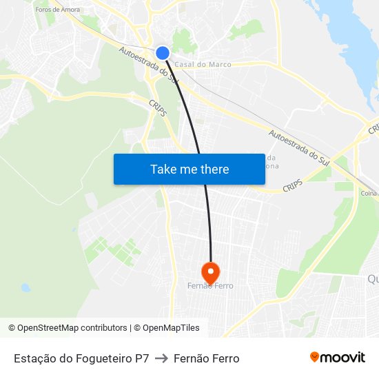 Estação do Fogueteiro P7 to Fernão Ferro map