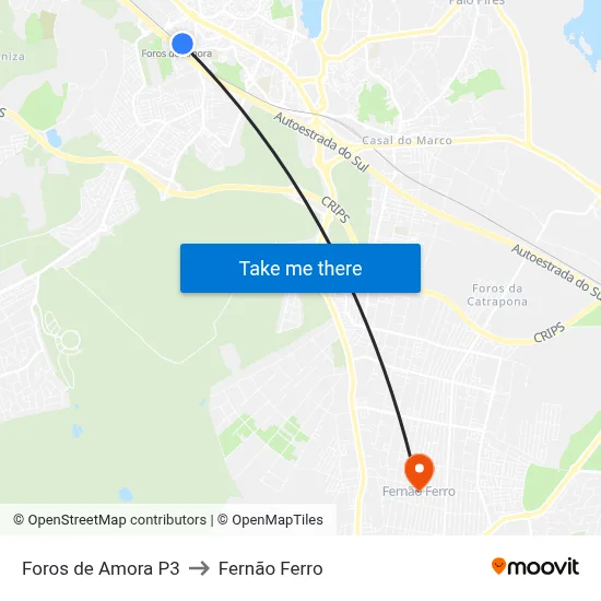 Foros de Amora P3 to Fernão Ferro map