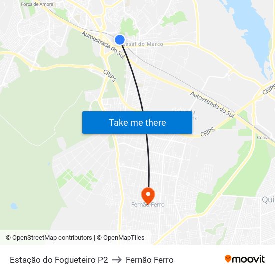 Estação do Fogueteiro P2 to Fernão Ferro map
