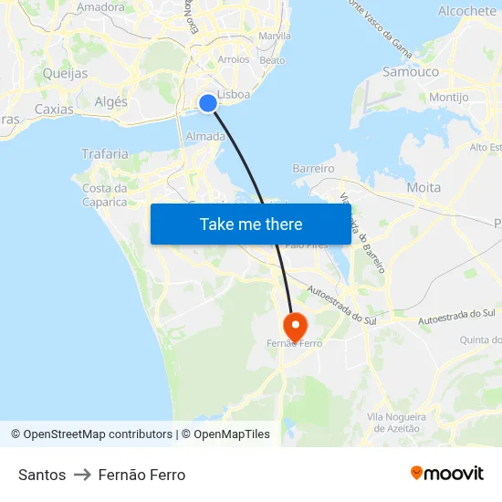 Santos to Fernão Ferro map