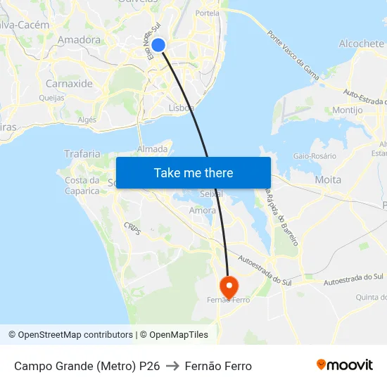 Campo Grande (Metro) P26 to Fernão Ferro map