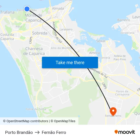 Porto Brandão to Fernão Ferro map