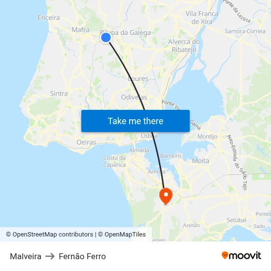 Malveira to Fernão Ferro map