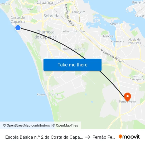 Escola Básica n.º 2 da Costa da Caparica to Fernão Ferro map