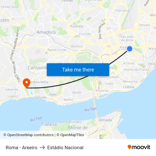 Roma - Areeiro to Estádio Nacional map