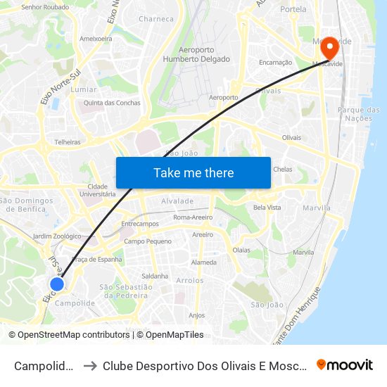 Campolide-A to Clube Desportivo Dos Olivais E Moscavide map