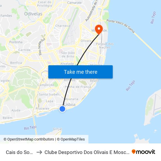 Cais do Sodré to Clube Desportivo Dos Olivais E Moscavide map