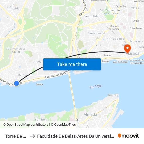 Torre De Belém to Faculdade De Belas-Artes Da Universidade De Lisboa map