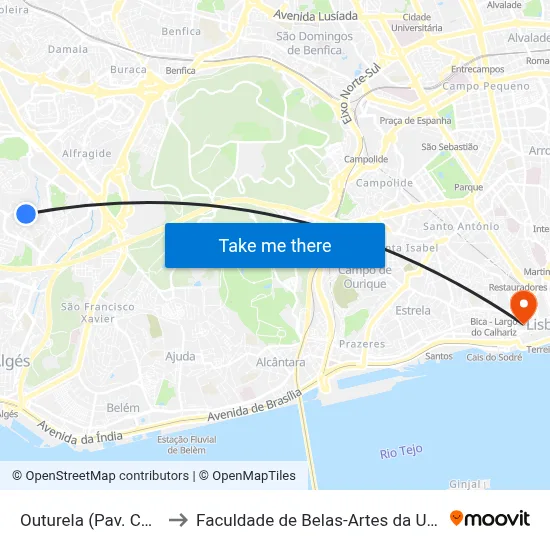 Outurela (Pav. Carlos Queiroz) to Faculdade de Belas-Artes da Universidade de Lisboa map