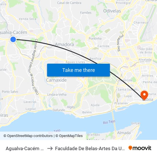 Agualva-Cacém (Estação) P8 to Faculdade De Belas-Artes Da Universidade De Lisboa map