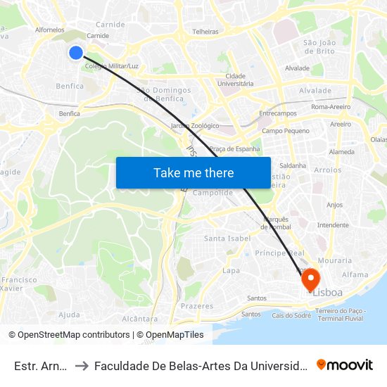 Estr. Arneiros to Faculdade De Belas-Artes Da Universidade De Lisboa map