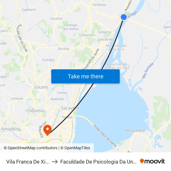Vila Franca De Xira (Estação) to Faculdade De Psicologia Da Universidade De Lisboa map