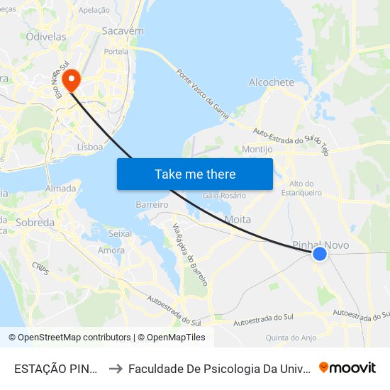 ESTAÇÃO PINHAL NOVO to Faculdade De Psicologia Da Universidade De Lisboa map