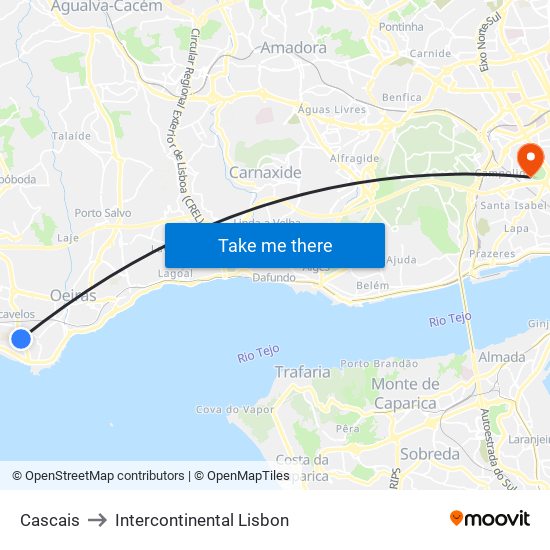 Cascais to Intercontinental Lisbon map